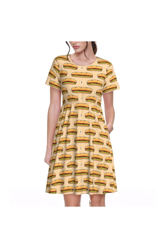 Submarine Sub Sandwich Pattern Womens Summer Dresses Short Sleeve Sundress 2025 Beach Vacation Dresses with Pockets -Large