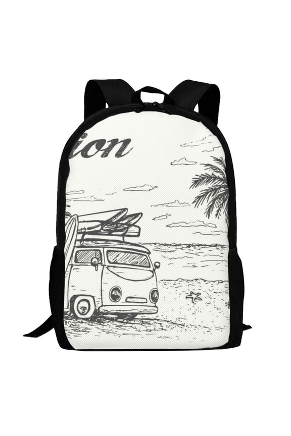 Summer Vacation Scene With Camping Van Pattern Carry on Backpack,16.5x12.5x5.5 Personal Item Bag Carry On Backpack Water Resistant Lightweight Daypack