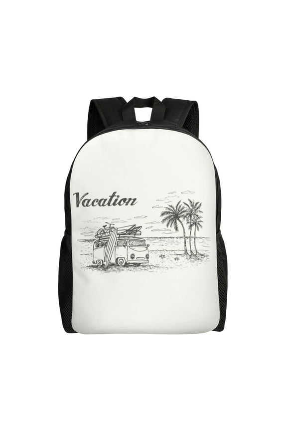Summer Vacation Scene With Camping Van Print Backpack -Travel,or Work Bookbag Daypacks with 15-Inch Laptop Sleeve and Dual Water Bottle Pockets