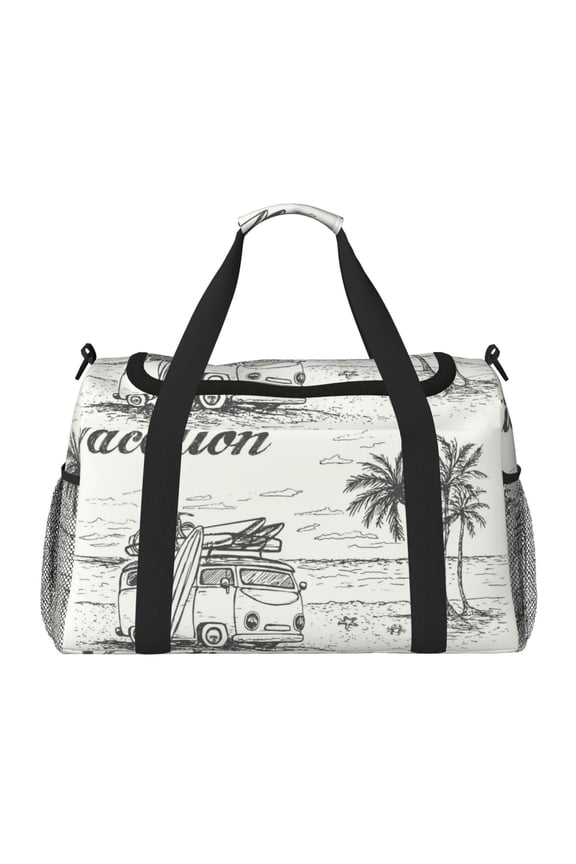 Summer Vacation Scene With Camping Van Print Hand Travel Bag - Foldable Travel Duffel Bags for Men Women -Sport Gym Bag - Overnight Travel Duffel Bag - Adjustable Shoulder Strap