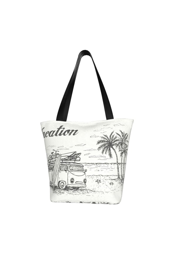 Summer Vacation Scene With Camping Van Print Tote Bag for Women,Shoulder Bag with Zipper Casual Tote's Handbag Big Capacity Shoulder Bag with Inner Pocket Fit for Shopping,Office,Travel