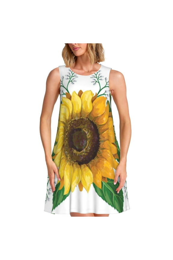 Sunflowers (2) Pattern Women's Summer Dresses 2025 Beach Casual Sleeveless Tank Loose Sundress Beach Vacation Clothes with Pocket -3X-Large
