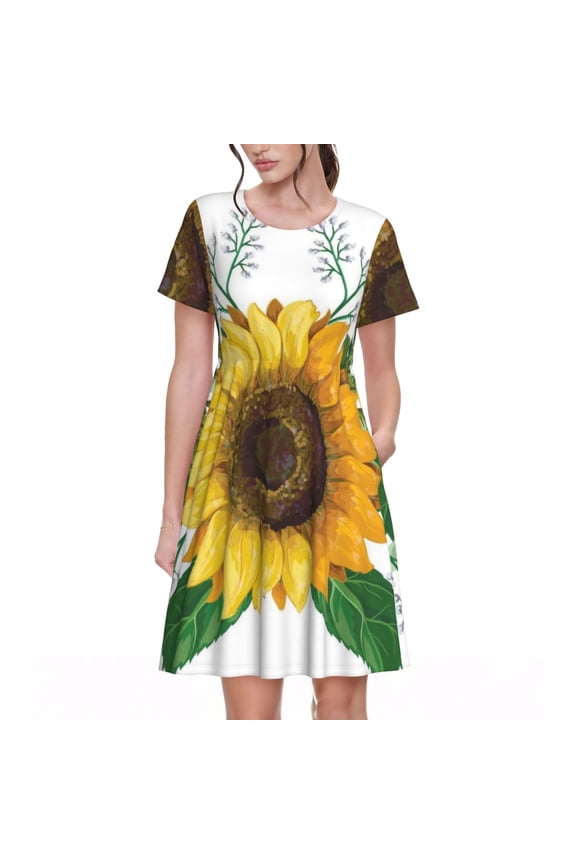 Sunflowers (2) Pattern Womens Summer Dresses Short Sleeve Sundress 2025 Beach Vacation Dresses with Pockets -Large