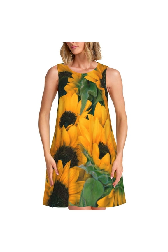 Sunflowers 7 Pattern Women's Summer Dresses 2025 Beach Casual Sleeveless Tank Loose Sundress Beach Vacation Clothes with Pocket -3X-Large