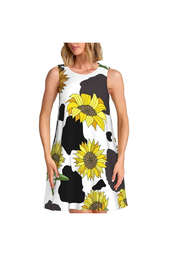 Sunflowers Country Pattern Women's Summer Dresses 2025 Beach Casual Sleeveless Tank Loose Sundress Beach Vacation Clothes with Pocket -Small