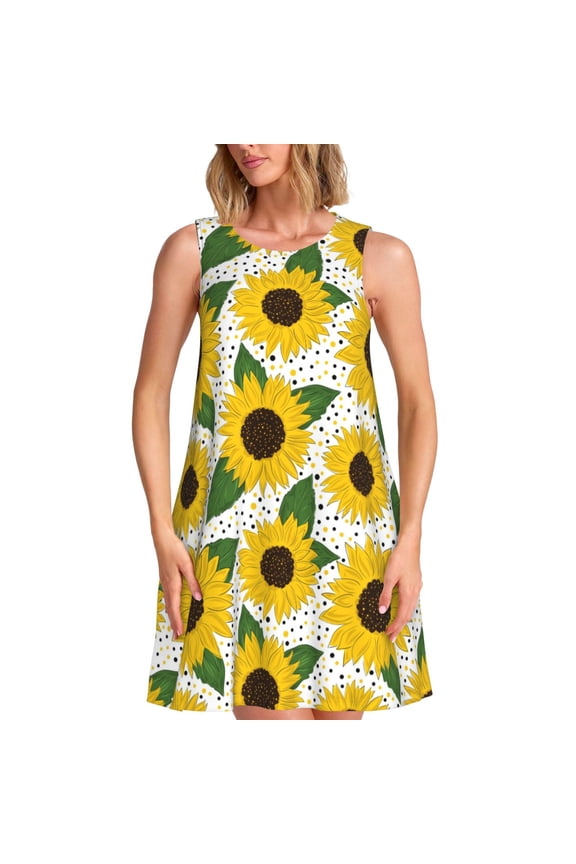 Sunflowers Pattern Women's Summer Dresses 2025 Beach Casual Sleeveless Tank Loose Sundress Beach Vacation Clothes with Pocket -XX-Large