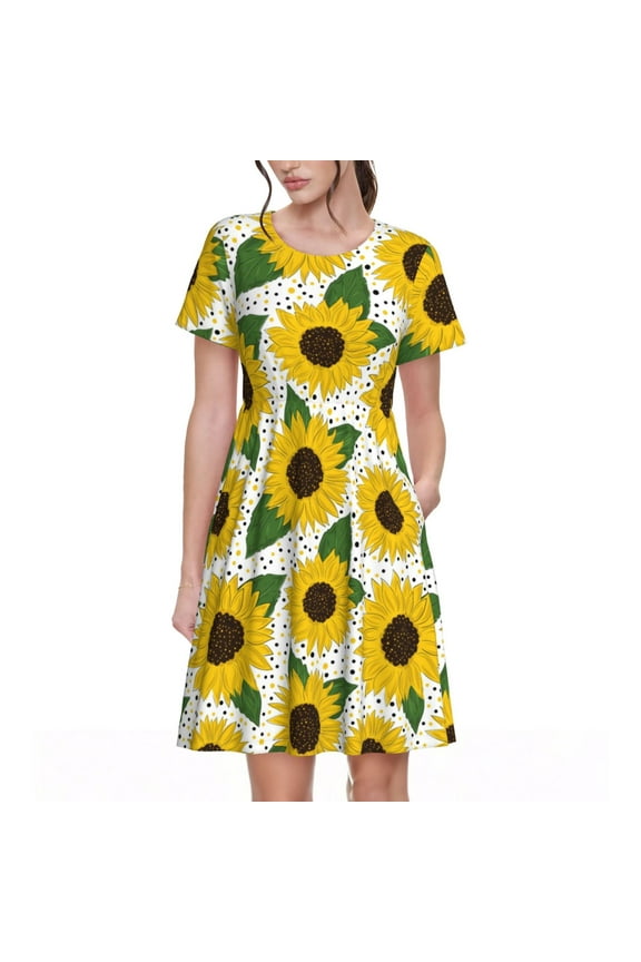 Sunflowers Pattern Womens Summer Dresses Short Sleeve Sundress 2025 Beach Vacation Dresses with Pockets -Large