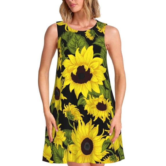 Defioc Sunflowers In Vintage Pattern Women's Summer Dresses 2025 Beach Casual Sleeveless Tank Loose Sundress Beach Vacation Clothes with Pocket -3X-Large