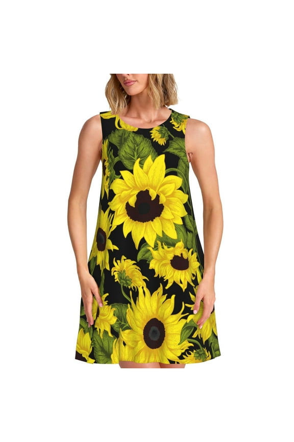 Sunflowers In Vintage Pattern Women's Summer Dresses 2025 Beach Casual Sleeveless Tank Loose Sundress Beach Vacation Clothes with Pocket -Large