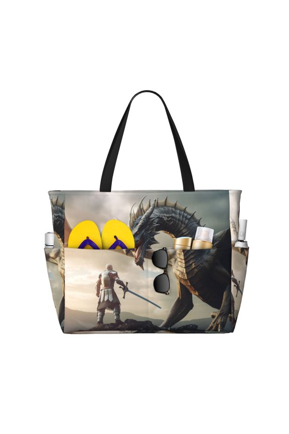 Swordsman Cool Dragon Pattern Beach Bag for Women - Large Beach Tote Bag Waterproof Sandproof Swim Pool Bag Everyday Bag Handbags with Zipper