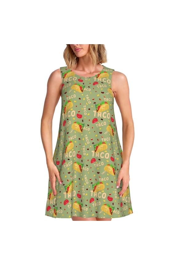 Taco Pattern Women's Summer Dresses 2025 Beach Casual Sleeveless Tank Loose Sundress Beach Vacation Clothes with Pocket -Medium