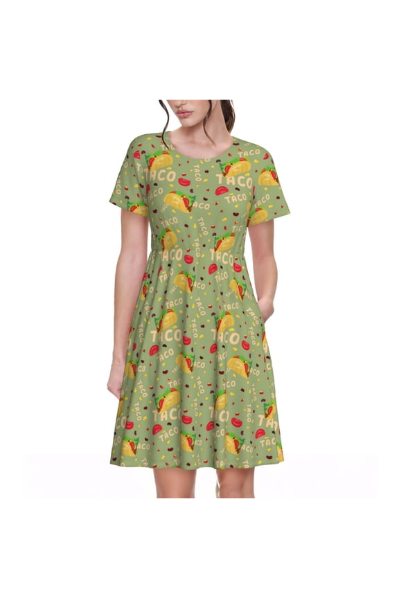 Taco Pattern Womens Summer Dresses Short Sleeve Sundress 2025 Beach Vacation Dresses with Pockets -Small