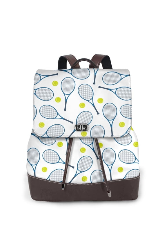 Tennis Rackets And Balls Print PU Leather Backpack,Backpack Purse for Women Fashion Multipurpose Design Handbag Ladies Bags Travel Backpack