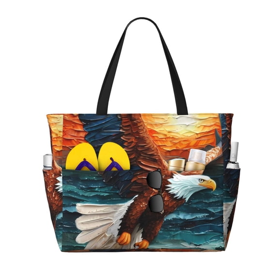 Defioc Textured Bald Eagle Pattern Beach Bag for Women - Large Beach Tote Bag Waterproof Sandproof Swim Pool Bag Everyday Bag Handbags with Zipper