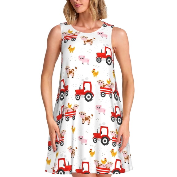 Defioc Tractor With Farm Animals Pattern Women's Summer Dresses 2025 Beach Casual Sleeveless Tank Loose Sundress Beach Vacation Clothes with Pocket -X-Large