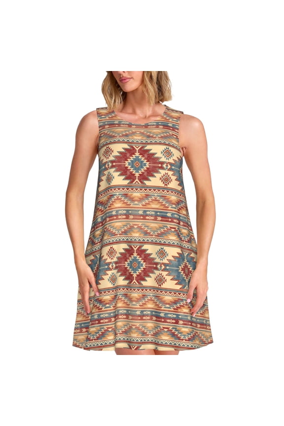 Traditional Tribal Aztec Pattern Women's Summer Dresses 2025 Beach Casual Sleeveless Tank Loose Sundress Beach Vacation Clothes with Pocket -Medium