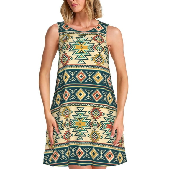 Defioc Traditional Tribal Aztec1 Pattern Women's Summer Dresses 2025 Beach Casual Sleeveless Tank Loose Sundress Beach Vacation Clothes with Pocket -3X-Large