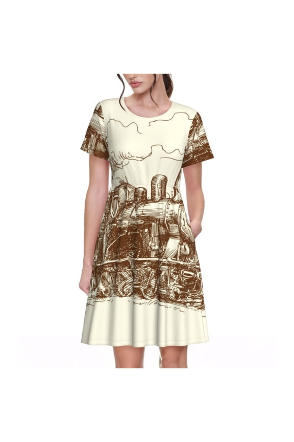 Train Pattern Womens Summer Dresses Short Sleeve Sundress 2025 Beach Vacation Dresses with Pockets -Medium