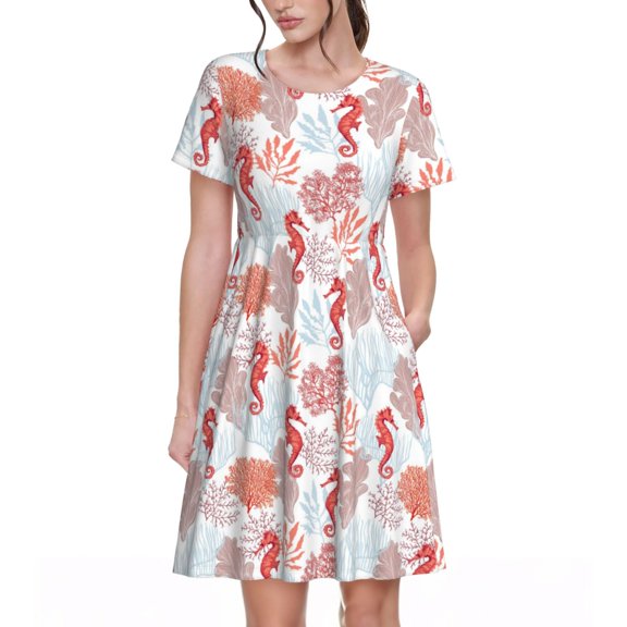Defioc Tropical Corals Seahorse Pattern Womens Summer Dresses Short Sleeve Sundress 2025 Beach Vacation Dresses with Pockets -Small