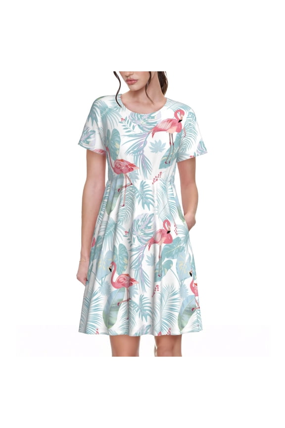 Tropical Flamingo Pattern Womens Summer Dresses Short Sleeve Sundress 2025 Beach Vacation Dresses with Pockets -XX-Large