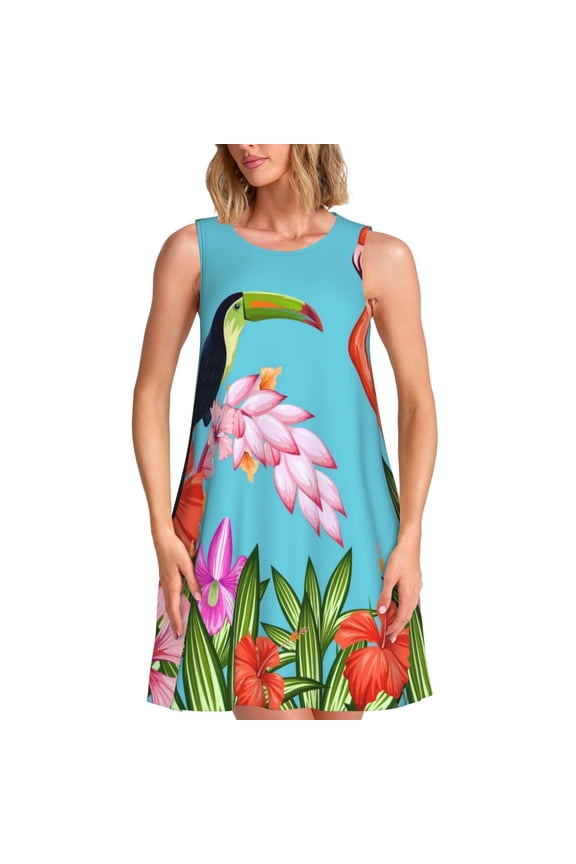 Tropical Jungle Flamingo Pattern Women's Summer Dresses 2025 Beach Casual Sleeveless Tank Loose Sundress Beach Vacation Clothes with Pocket -Medium