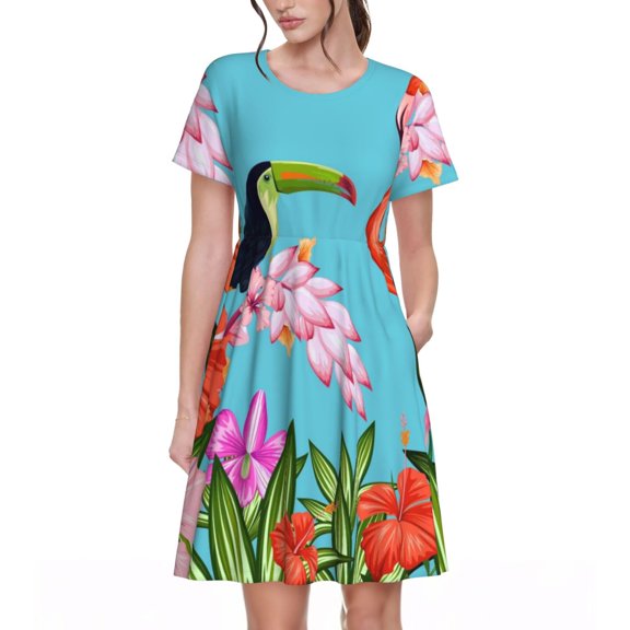 Defioc Tropical Jungle Flamingo Pattern Womens Summer Dresses Short Sleeve Sundress 2025 Beach Vacation Dresses with Pockets -Small