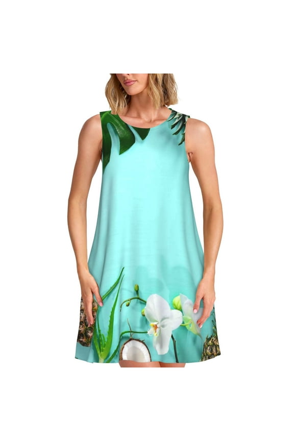 Tropical Pineapple Pattern Women's Summer Dresses 2025 Beach Casual Sleeveless Tank Loose Sundress Beach Vacation Clothes with Pocket -Large