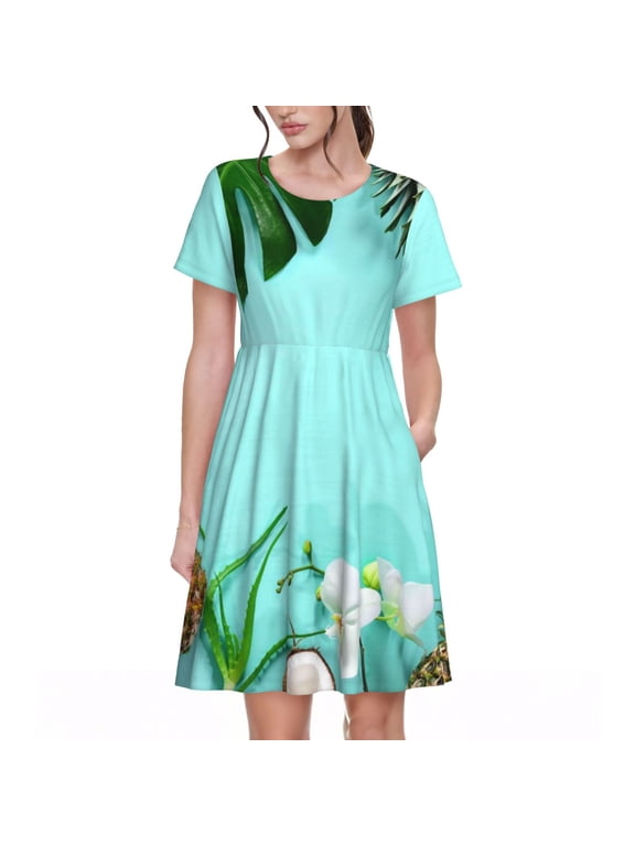 Tropical Pineapple Pattern Womens Summer Dresses Short Sleeve Sundress 2025 Beach Vacation Dresses with Pockets -Large