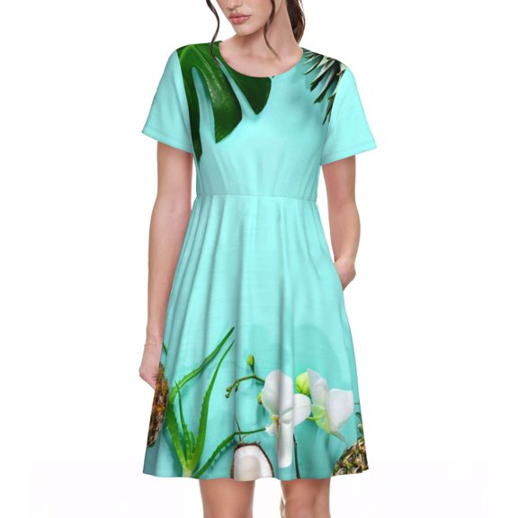 Defioc Tropical Pineapple Pattern Womens Summer Dresses Short Sleeve Sundress 2025 Beach Vacation Dresses with Pockets -Small