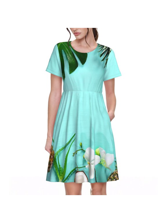 Tropical Pineapple Pattern Womens Summer Dresses Short Sleeve Sundress 2025 Beach Vacation Dresses with Pockets -Small
