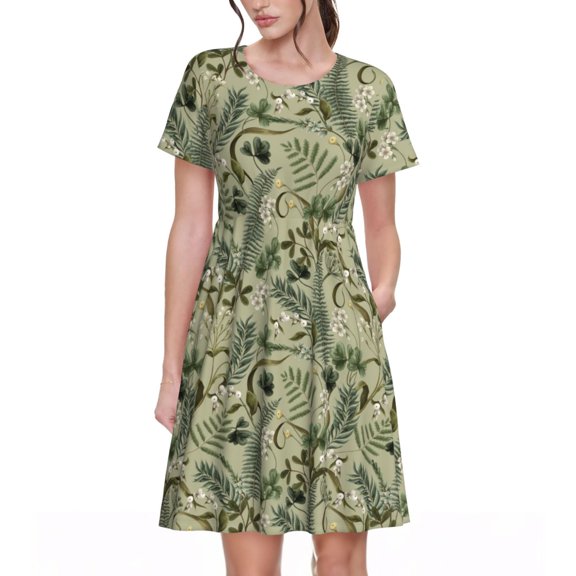 Defioc Tropical Plants Green Pattern Womens Summer Dresses Short Sleeve Sundress 2025 Beach Vacation Dresses with Pockets -Small