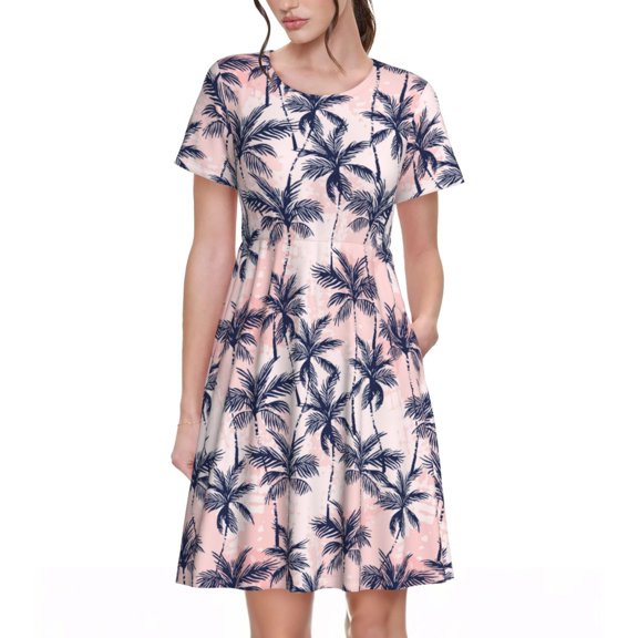 Defioc Tropics Palm Trees Pattern Womens Summer Dresses Short Sleeve Sundress 2025 Beach Vacation Dresses with Pockets -Small