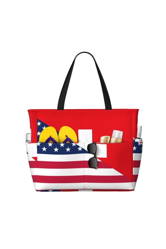 USA Switzerland Pattern Beach Bag for Women - Large Beach Tote Bag Waterproof Sandproof Swim Pool Bag Everyday Bag Handbags with Zipper
