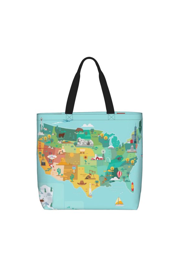 USA Tourist Map Pattern Tote Bag for Women,Large Capacity Tote Bag with Zipper Casual Shoulder Handbags Shopping Bag