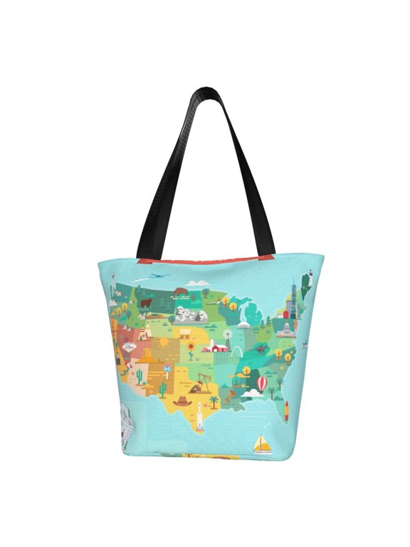 USA Tourist Map Print Tote Bag for Women,Shoulder Bag with Zipper Casual Tote's Handbag Big Capacity Shoulder Bag with Inner Pocket Fit for Shopping,Office,Travel