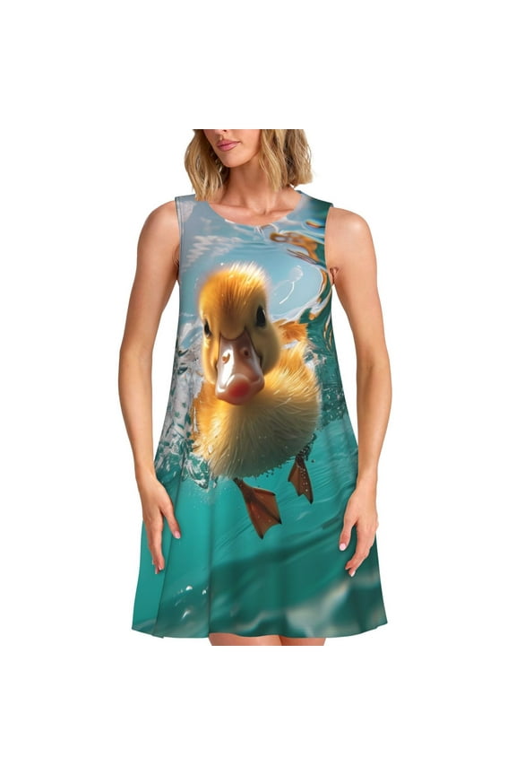 Underwater Swimming Duck Pattern Women's Summer Dresses 2025 Beach Casual Sleeveless Tank Loose Sundress Beach Vacation Clothes with Pocket -Medium