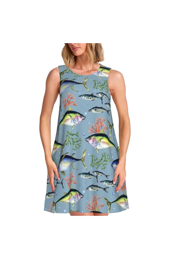 Various Wild Sea Fish Pattern Women's Summer Dresses 2025 Beach Casual Sleeveless Tank Loose Sundress Beach Vacation Clothes with Pocket -Small