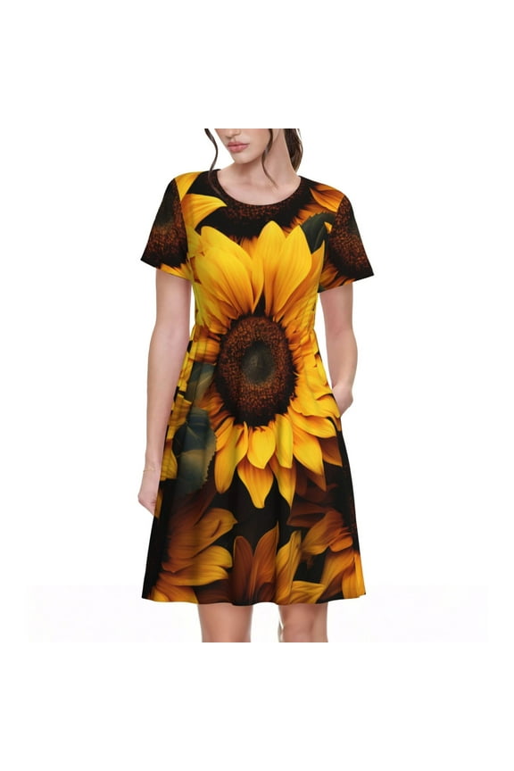 Vibrant Sunflower Blooms Pattern Womens Summer Dresses Short Sleeve Sundress 2025 Beach Vacation Dresses with Pockets -Medium