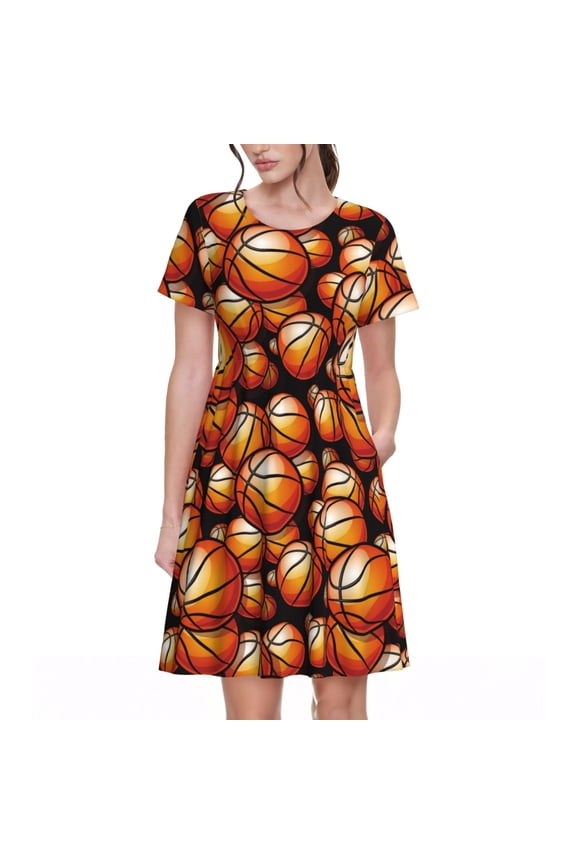 Vintage Basketball Pattern Womens Summer Dresses Short Sleeve Sundress 2025 Beach Vacation Dresses with Pockets -Large