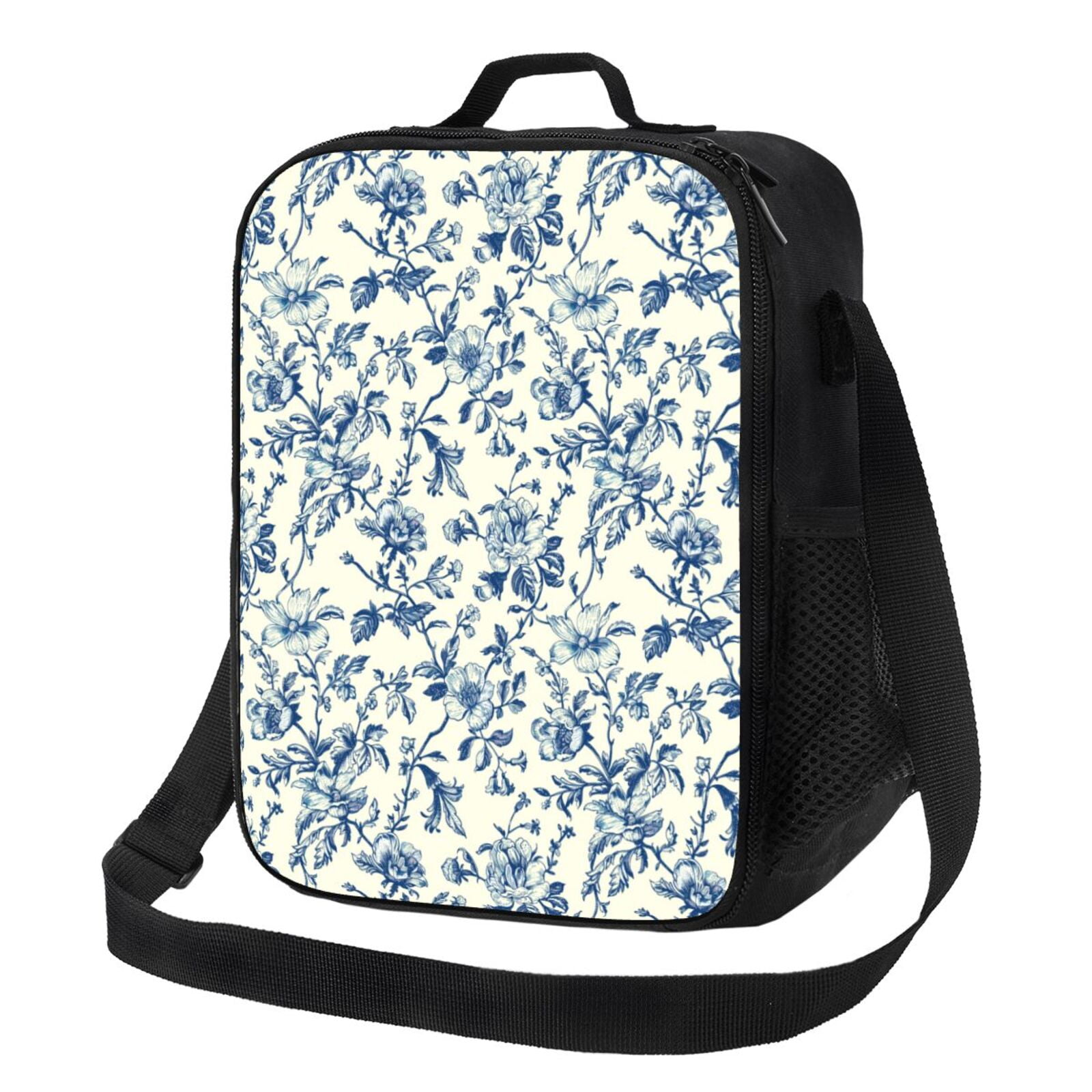 Defioc Vintage Blue Floral Print Lunch Box for Men & Women, Insulated Lunch Bag Thickened Thermal Leakproof Lunch Tote Bag for Adult Office Travel Picnic