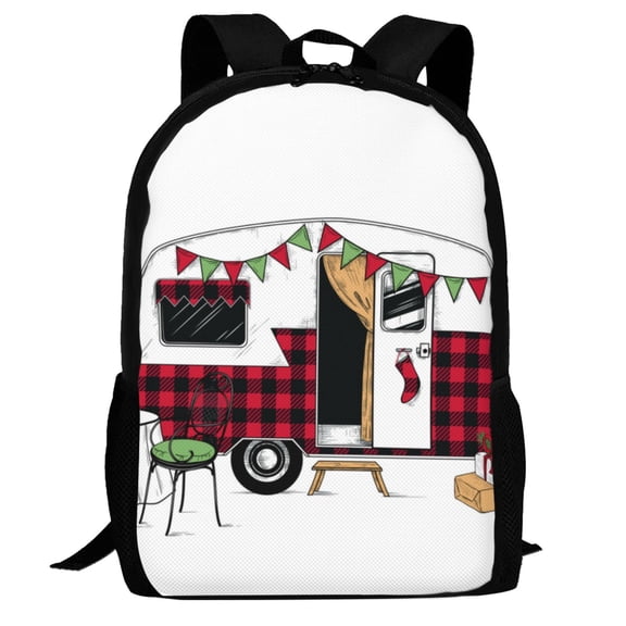 Defioc Vintage Buffalo Plaid Christmas Camper Pattern Carry on Backpack,16.5x12.5x5.5 Personal Item Bag Carry On Backpack Water Resistant Lightweight Daypack
