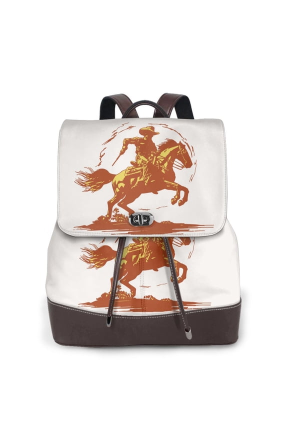 Vintage Cowboy On A Bronco Horse Print PU Leather Backpack,Backpack Purse for Women Fashion Multipurpose Design Handbag Ladies Bags Travel Backpack