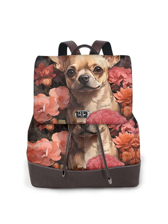 Vintage Red Flower Chihuahua Print PU Leather Backpack,Backpack Purse for Women Fashion Multipurpose Design Handbag Ladies Bags Travel Backpack
