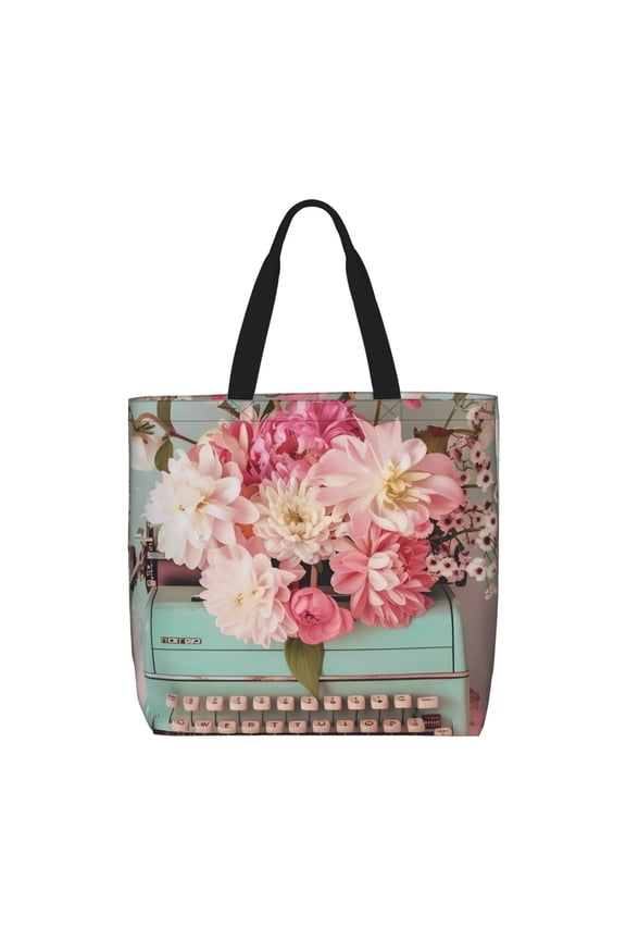 Vintage Typewriter Floral Pattern Tote Bag for Women,Large Capacity Tote Bag with Zipper Casual Shoulder Handbags Shopping Bag