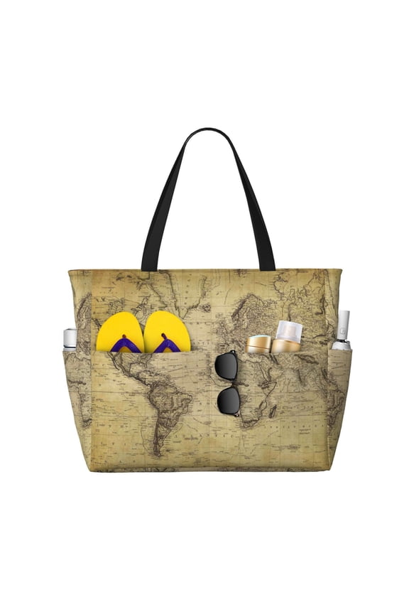 Vintage World Map Pattern Beach Bag for Women - Large Beach Tote Bag Waterproof Sandproof Swim Pool Bag Everyday Bag Handbags with Zipper