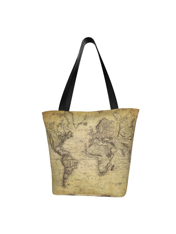 Vintage World Map Print Tote Bag for Women,Shoulder Bag with Zipper Casual Tote's Handbag Big Capacity Shoulder Bag with Inner Pocket Fit for Shopping,Office,Travel