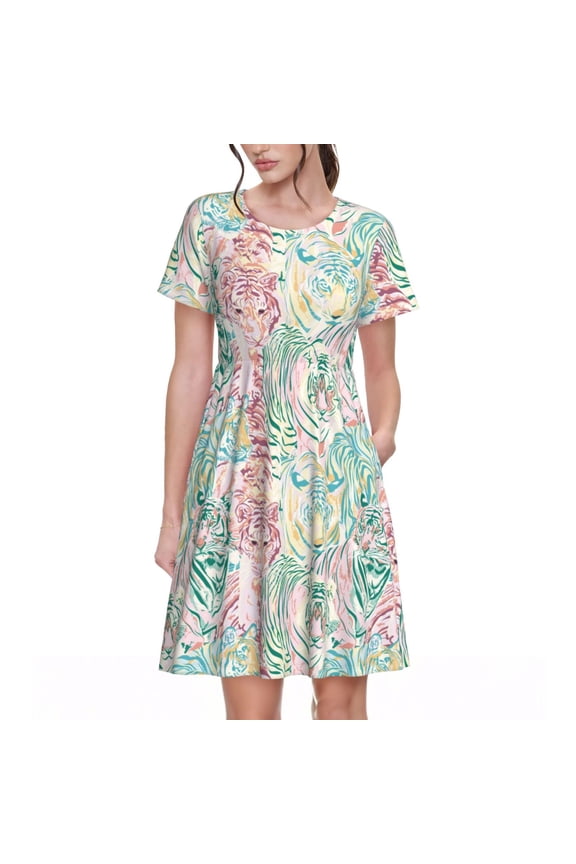 Watercolor Tiger Pattern Womens Summer Dresses Short Sleeve Sundress 2025 Beach Vacation Dresses with Pockets -Medium