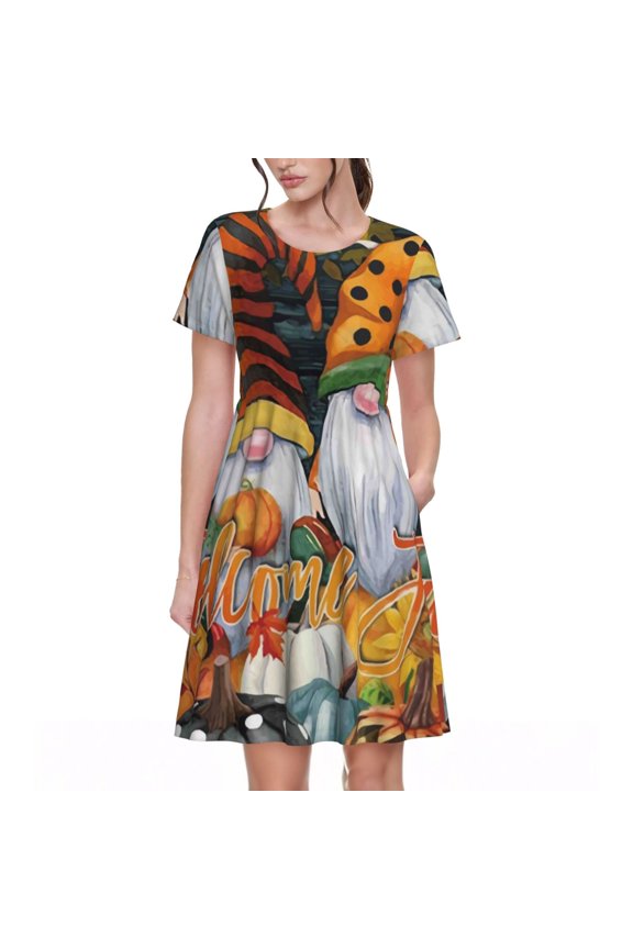 Welcom Fall Pattern Womens Summer Dresses Short Sleeve Sundress 2025 Beach Vacation Dresses with Pockets -3X-Large