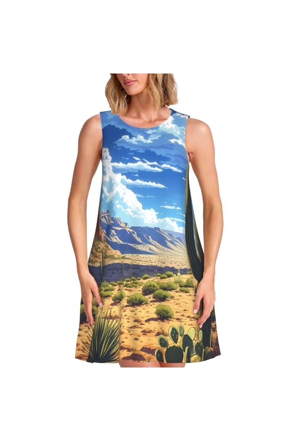 Western Desert Cactus Pattern Women's Summer Dresses 2025 Beach Casual Sleeveless Tank Loose Sundress Beach Vacation Clothes with Pocket -Small