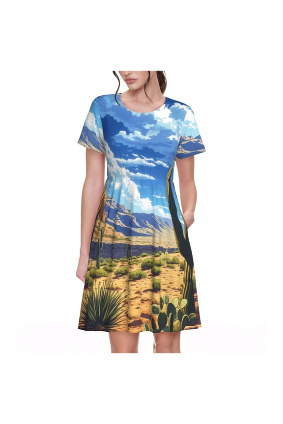Western Desert Cactus Pattern Womens Summer Dresses Short Sleeve Sundress 2025 Beach Vacation Dresses with Pockets -Medium